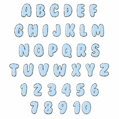 Bright blue funky cartoon alphabet letters and numbers icon set, back to school background, multicolor kids education design, black contour line