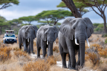 Obraz premium Elephants walking through dry grassland under cloudy skies in a national park