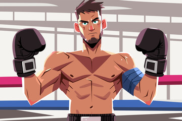 Vector illustration of a strong male boxer with gloves, posing confidently in the ring. Athletic cartoon character with a determined expression. Sports and fitness concept.