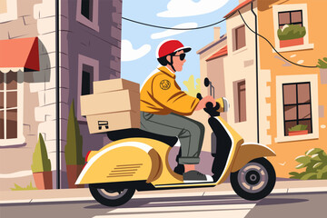 Courier on a yellow scooter delivering packages in a city street. Urban delivery service concept, fast shipping, modern transportation. Flat vector illustration, daytime.