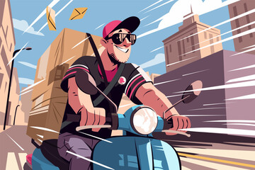 Smiling courier riding a scooter, delivering packages quickly through the city streets. Fast express delivery service, urban logistics, modern transportation. Cartoon vector illustration.