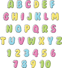 Bright colors funky cartoon alphabet letters and numbers icon set, back to school background, multicolor kids education design
