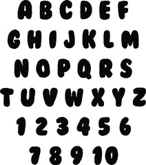 Black funky cartoon alphabet letters and numbers icon set, back to school background, kids education design