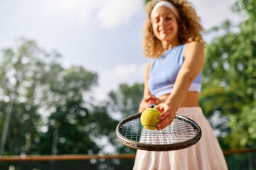 Female tennis player smiling while holding ball on racket