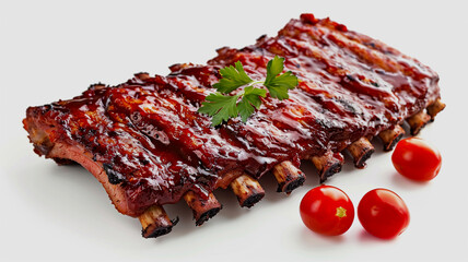 Obraz premium Delicious rack of barbecue ribs with cherry tomatoes and fresh parsley garnish