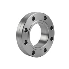 Precisely engineered industrial metal flange with clear contours and defined edges, in 3/4 view on a clean white studio background with bright, even lighting, no shadows, concept for industrial