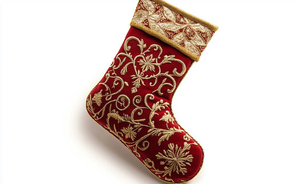 A beautifully embroidered festive St. Nicholas Day stocking. Generative AI.
