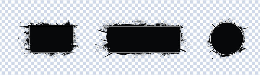 Black Grunge Frames and Text Boxes, Dirty Artistic Ink and Paint Brush Strokes, Vector Design Elements on White Background