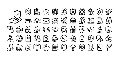 Insurance, assurance, protection and risk editable stroke outline icons set isolated on white background flat vector illustration.