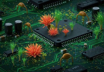 Electronic Components Evolved Biological Ecosystem Digital Nature Fusion