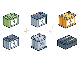 Isometric Illustrations of Various Battery Types Car, Truck, and More 88.eps