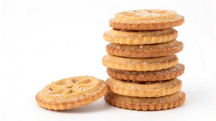 Stack of round sugar cookies with decorative tops, isolated on white background