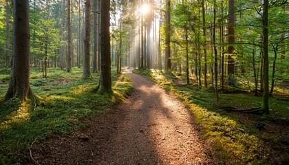 Obraz premium sunlight streams through trees onto a peaceful forest path