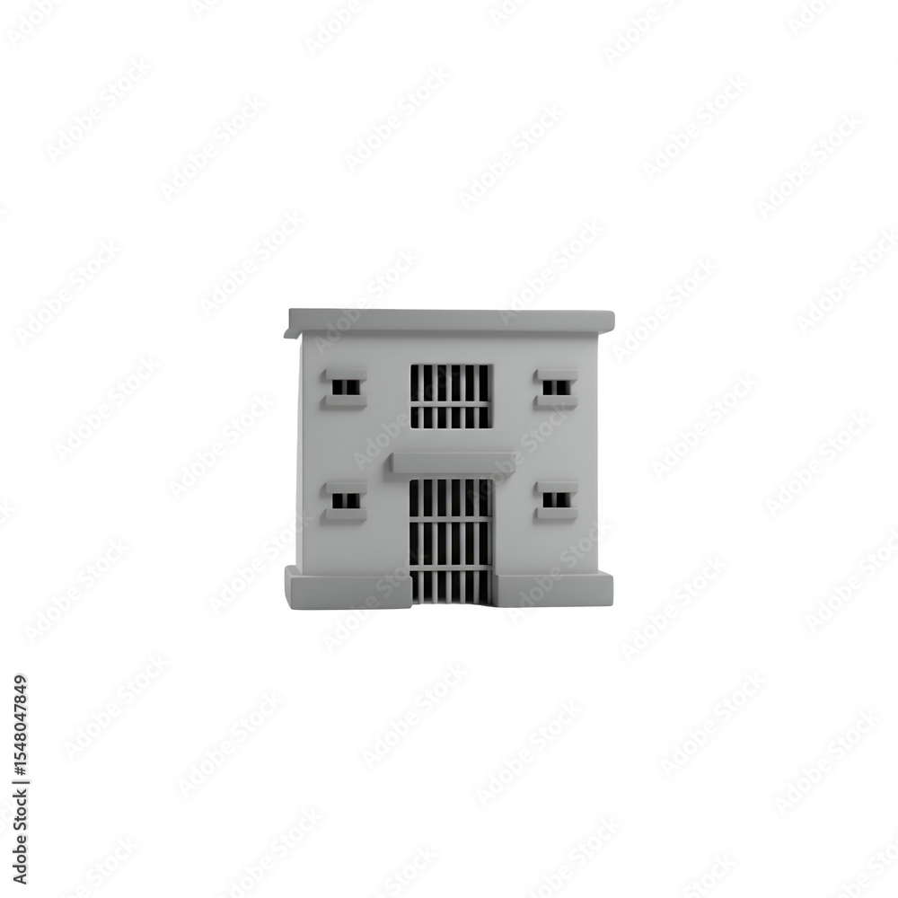 Fototapete Simple 3D model of a small, light gray prison building against a transparent background. The building has barred windows and a barred gate