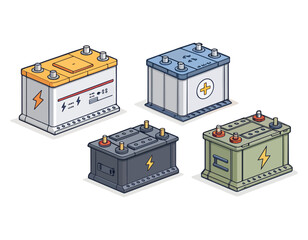 Isometric Car Batteries Four Types of Automotive Power Sources in 91.eps Vector Illustration