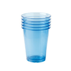 Stack of four translucent light blue plastic cups on transparent background. Clean and simple studio shot