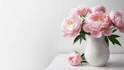 pink peonies white vase minimalist style high resolution soft lighting horizontal close up shot delicate blooms white background soft pink hues ideal for wedding invitations