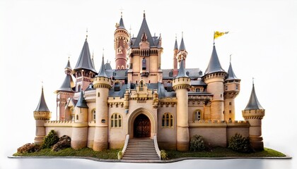 precise architectural color photograph of a miniature castle on a white background sharp lines detailed structures wide angle adorable charming features realistic style warm tones jpg