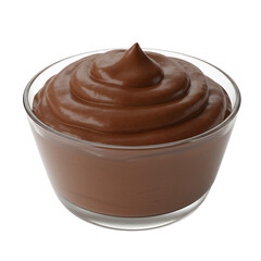 Rich, creamy chocolate pudding in a clear glass bowl. Smooth texture, swirls, and deep brown color are visible. The pudding is the central focus