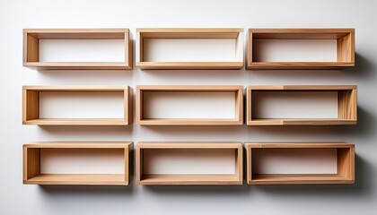 seven square shelves with white or light brown wooden frames are arranged creatively on a stark white background creating an appealing minimalist composition