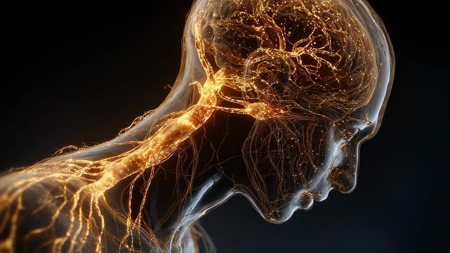 Glowing nervous system activity shows energy flowing from vagus nerve to brain cortex in profile view of transparent human head and shoulders against black background