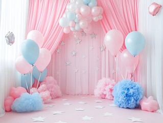 Pastel pink party backdrop with balloons