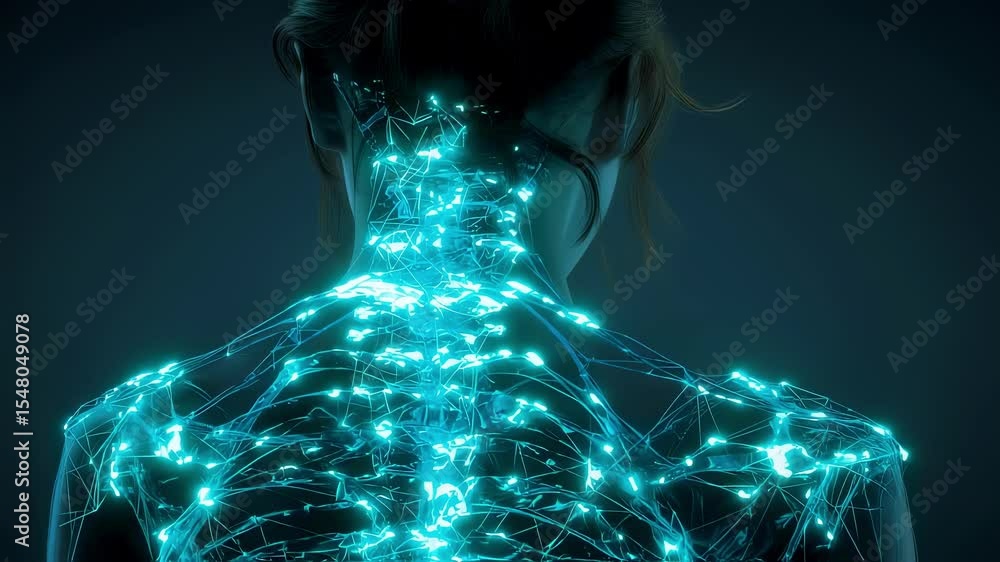 Poster glowing neural network visualization illuminating interconnected nervous system pathways across woma