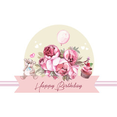 greeting card with pink roses flowers , bear, sweets, Happy Birthday