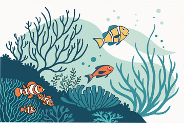 Naklejka premium vector-of-a-watercolor-coral-reef-with-fish-and-se
