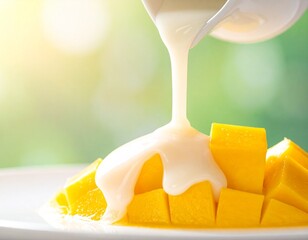 Creamy Indulgence: A close-up shot reveals a fresh, ripe mango, precisely diced, and lavishly drizzled with a rich, creamy sauce, creating a delectable dessert scene.