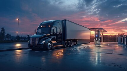 Electric semi-truck charging at a solar-powered station
