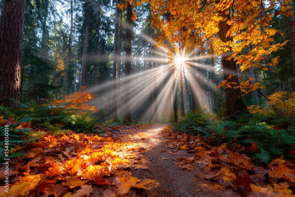 Aufkleber sunlight filtering through autumn trees on a forest path in the morning light