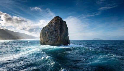 there is a large rock in the middle of the ocean
