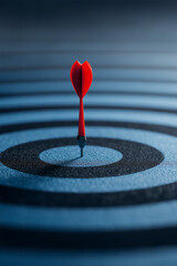 Red dart in bullseye, close-up. Aiming for success concept. Goal achieved with precision. Target accuracy.