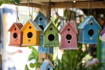 Colorful birdhouses hanging in an outdoor market, showcasing the variety of shapes