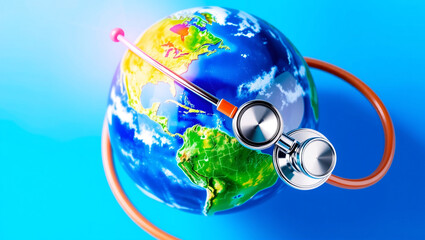 A globe with a stethoscope wrapped around it, representing global healthcare or medical initiatives.