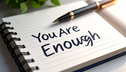 Motivational Note: "You Are Enough" is written on a notepad with a pen. this photo is perfect for any inspirational media, social media, or motivational blogs.