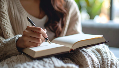 Serene Journaling Moment: A person sits comfortably, absorbed in the act of journaling, the pen gliding across the open pages of a notebook. the natural light enhances the intimate scene.