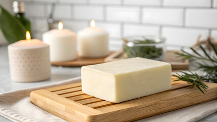 A bar of natural soap rests on a wooden tray next to lit candles and rosemary sprigs