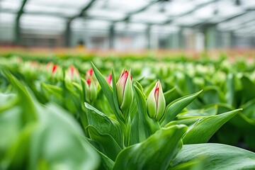 Close-up of tulip buds in green leaves, tulips with red tips growing inside a modern greenhouse