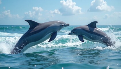 Fototapeta premium Two dolphins joyfully leap out of the crystal-clear turquoise ocean water under a sunny sky.