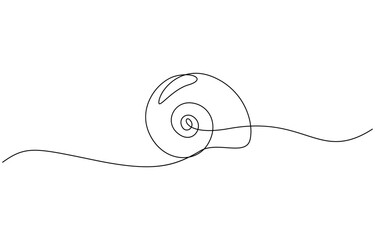 Continuous line drawing of conch snail shell. Single line illustration of ocean conch shell, Snail continuous one line drawing isolated on white background.