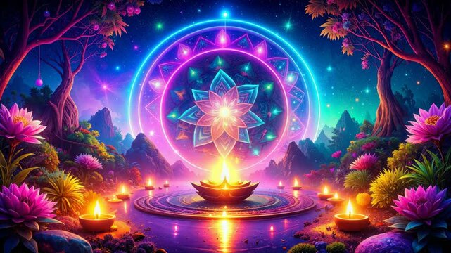 Festival of lights celebrating spiritual enlightenment in magical night landscape.