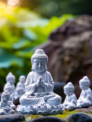 Serene white Buddha statues in meditative pose surrounded by greenery in a peaceful garden setting.