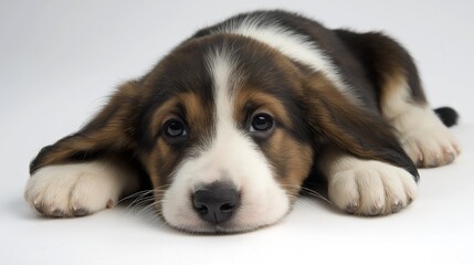 A charming puppy in a serene studio portrait, embodying innocence and pure joy