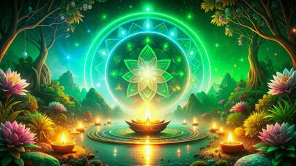 Festival of lights, is celebrated with a glowing mandala, diyas, and vibrant lotus flowers.