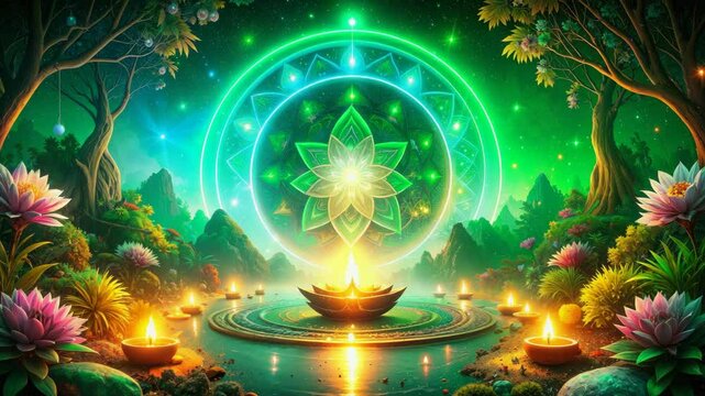 Festival of lights, is celebrated with a glowing mandala, diyas, and vibrant lotus flowers.