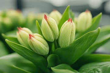 Close-up of tulip buds in green leaves, tulips with red tips growing inside a modern greenhouse