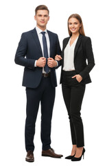 A charming young couple in business attire, full body view. Photo taken with a high quality camera isolated on white or transparent background