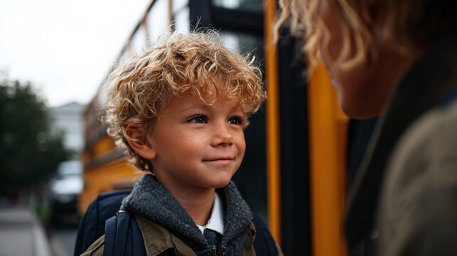 Back to School Morning with Smiling Mother and Son at Yellow School Bus - Powered by Adobe